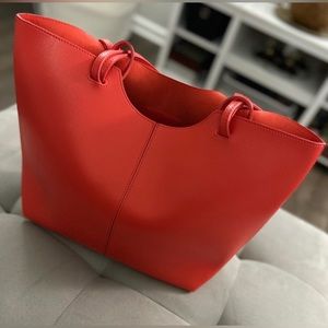 NEIMAN MARCUS Vegan faux leather bright red 2 handle beach tote shoulder handbag